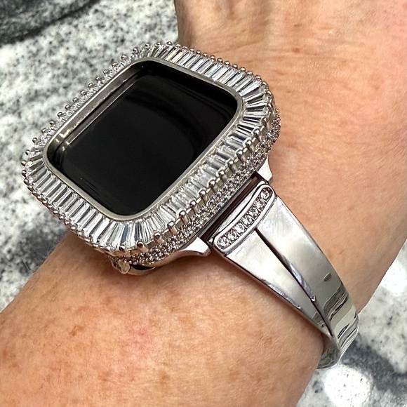 2 pc Apple Watch set white gold lab diamond case and crystal band classy bling - Picture 7 of 11
